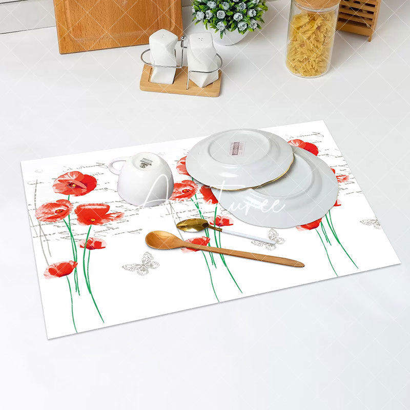 Aperturee - Handwriting Red Flowers Butterfly Set Of 4 Placemats