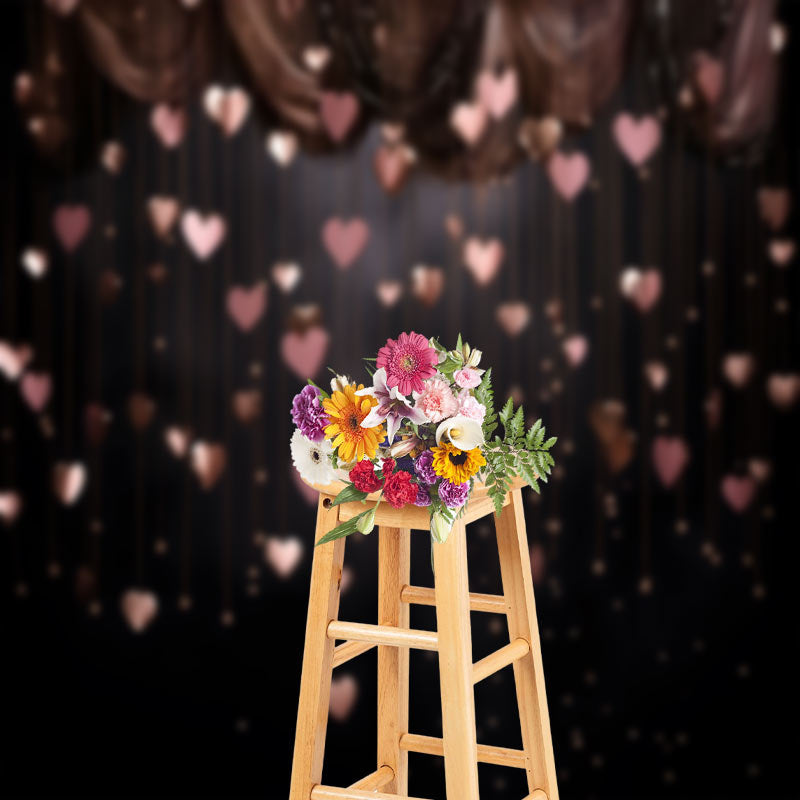 Aperturee - Hanging Pink Hearts Black Valentines Day Backdrop