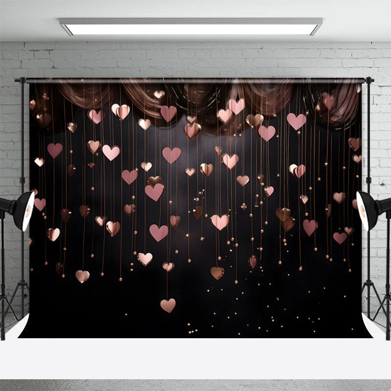 Aperturee - Hanging Pink Hearts Black Valentines Day Backdrop