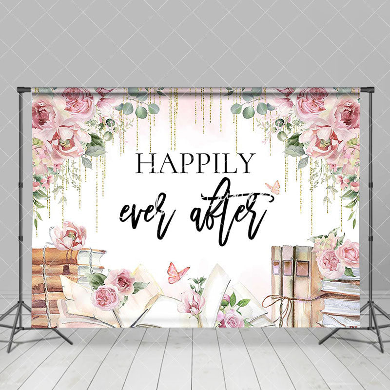 Aperturee - Happily Ever After Floral Books Backdrop For Wedding