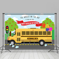 Aperturee - Happy 100th Day Of School Yellow Bus Tree Backdrop