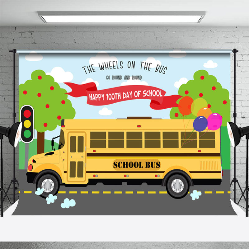 Aperturee - Happy 100th Day Of School Yellow Bus Tree Backdrop