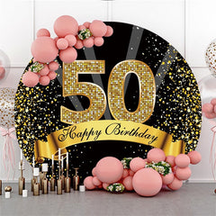 Aperturee Happy 50th Birthday Black Gold Glitter Ribbon Round Backdrops