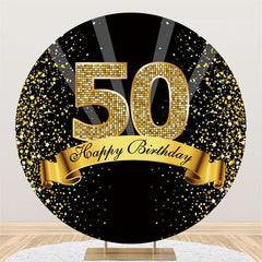 Aperturee Happy 50th Birthday Black Gold Glitter Ribbon Round Backdrops