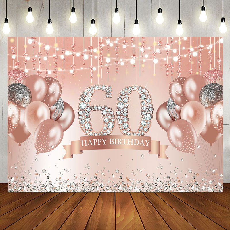 Aperturee - Happy 60th Birthday Pink Balloon Diamonds Giltter Backdrop