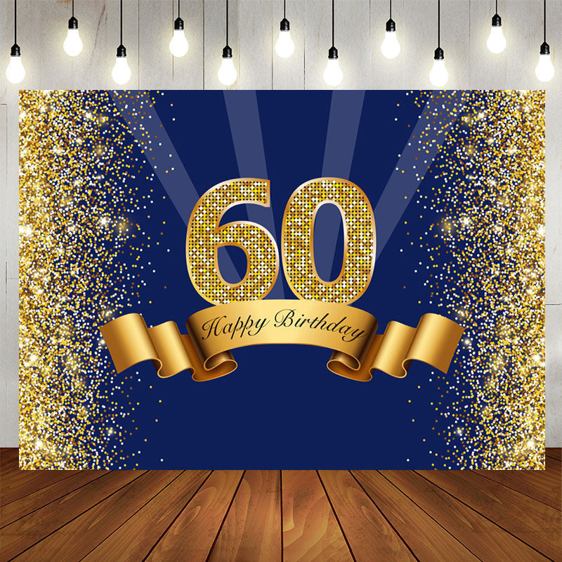 Aperturee - Happy 60th Birthday Royal Blue Gold Glitter Backdrop for Photos