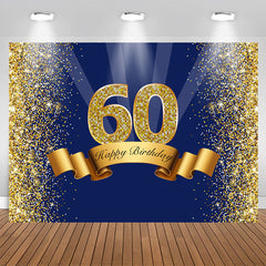 Aperturee - Happy 60th Birthday Royal Blue Gold Glitter Backdrop for Photos