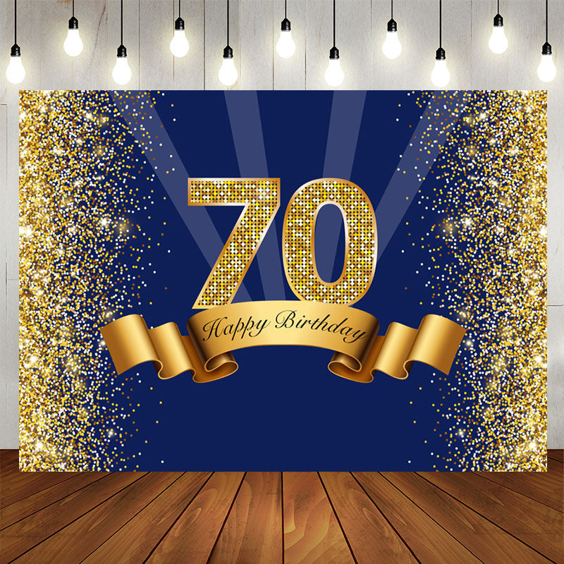 Aperturee - Happy 70th Birthday Gold Glitter Royal Blue Backdrop for Photo