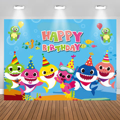 Aperturee - Happy Birthday Blue Ocean Themed Cartoon Shark Backdrop