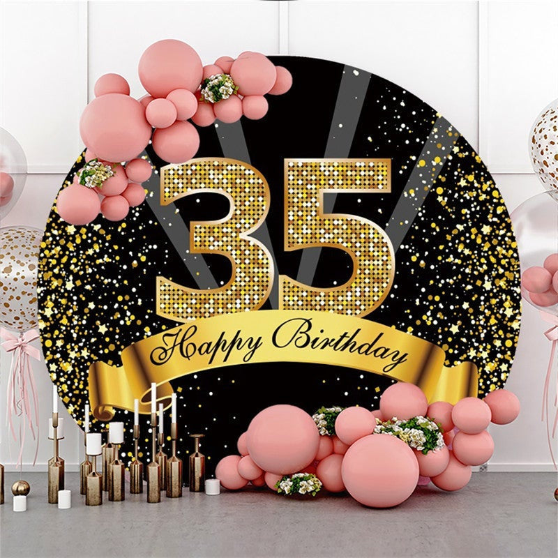 Aperturee Happy Birthday for 35th Black Gold Glitter Round Backdrops