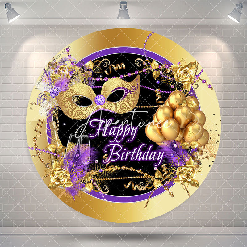 Aperturee Happy Birthday Gold Mask Balloon Round Backdrop