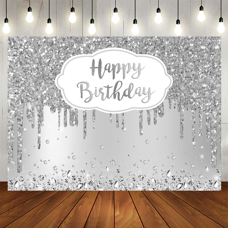 Aperturee - Happy Birthday Silver Glitter Diamonds Backdrop for Party