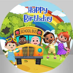 Aperturee Happy Children And School Bus Round Birthday Backdrop