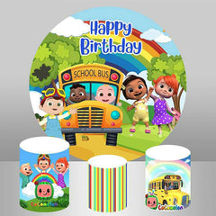 Aperturee Happy Children And School Bus Round Birthday Backdrop