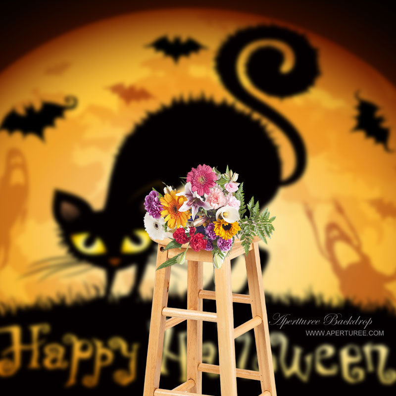 Aperturee - Happy Halloween Moon Black Cat Party Backdrop