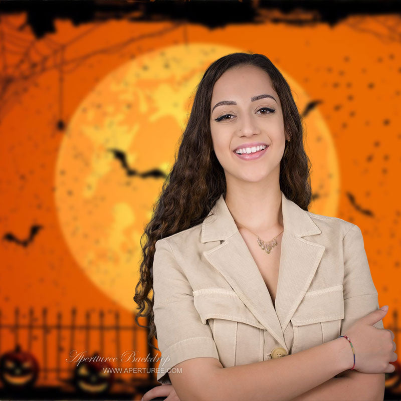 Aperturee - Happy Halloween Orange Pumpkin Lantern Moon Backdrop