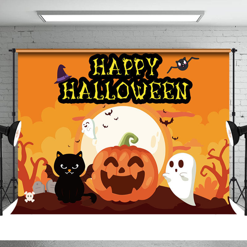 Aperturee - Happy Halloween Pumpkin Cartoon Bat Cat Backdrop