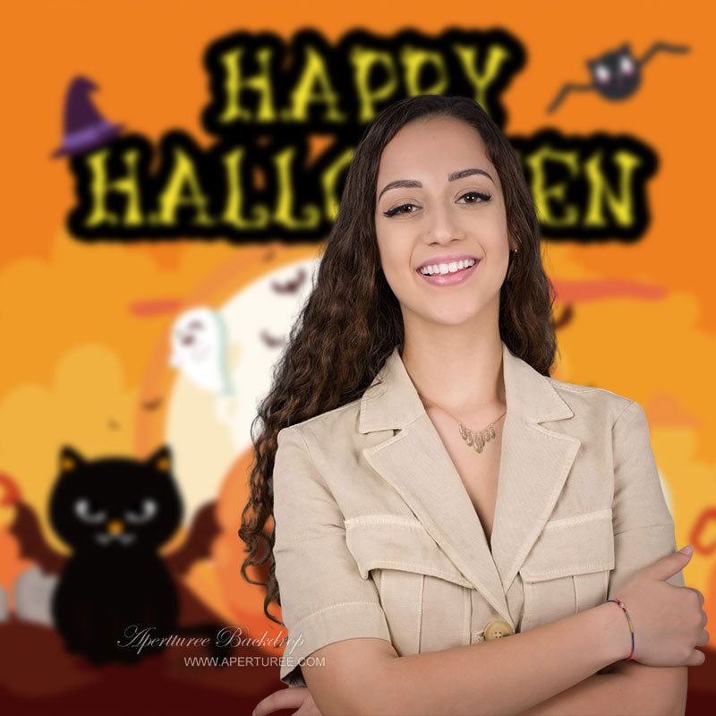 Aperturee - Happy Halloween Pumpkin Cartoon Bat Cat Backdrop