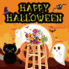 Aperturee - Happy Halloween Pumpkin Cartoon Bat Cat Backdrop