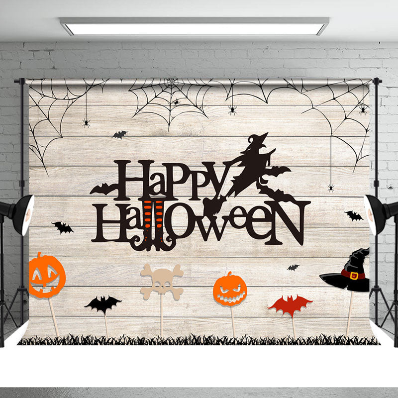 Aperturee - Happy Halloween Witch Bat Wood Theme Party Backdrop