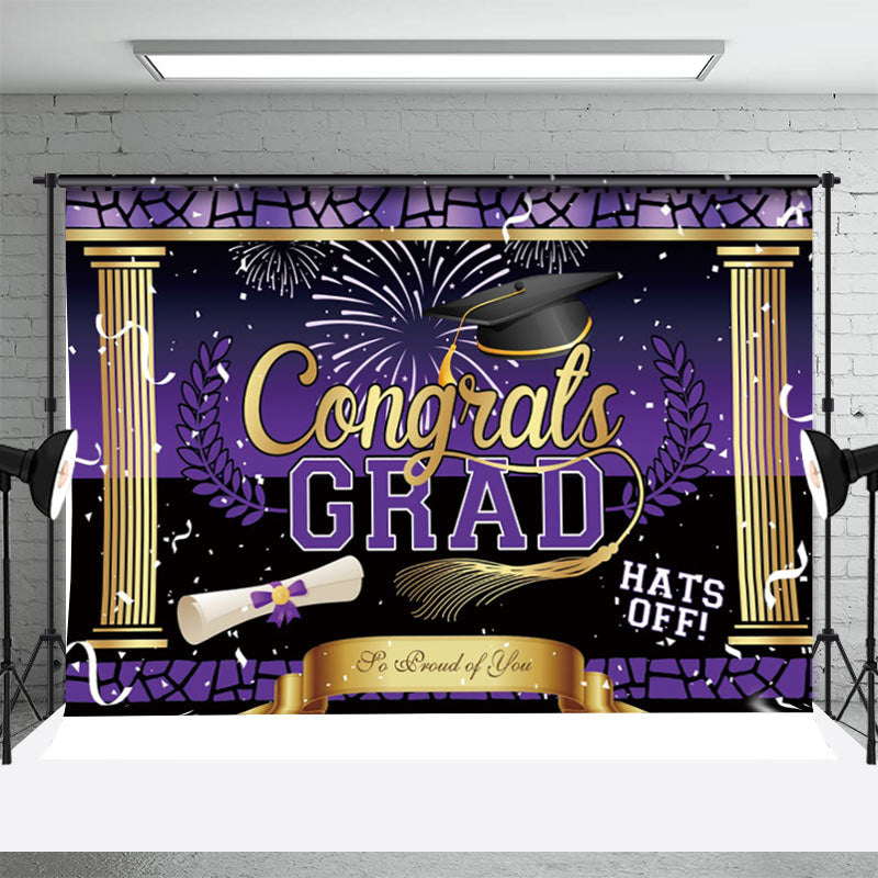 Aperturee - Hats Off Purple Golden Pole Graduation Backdrop