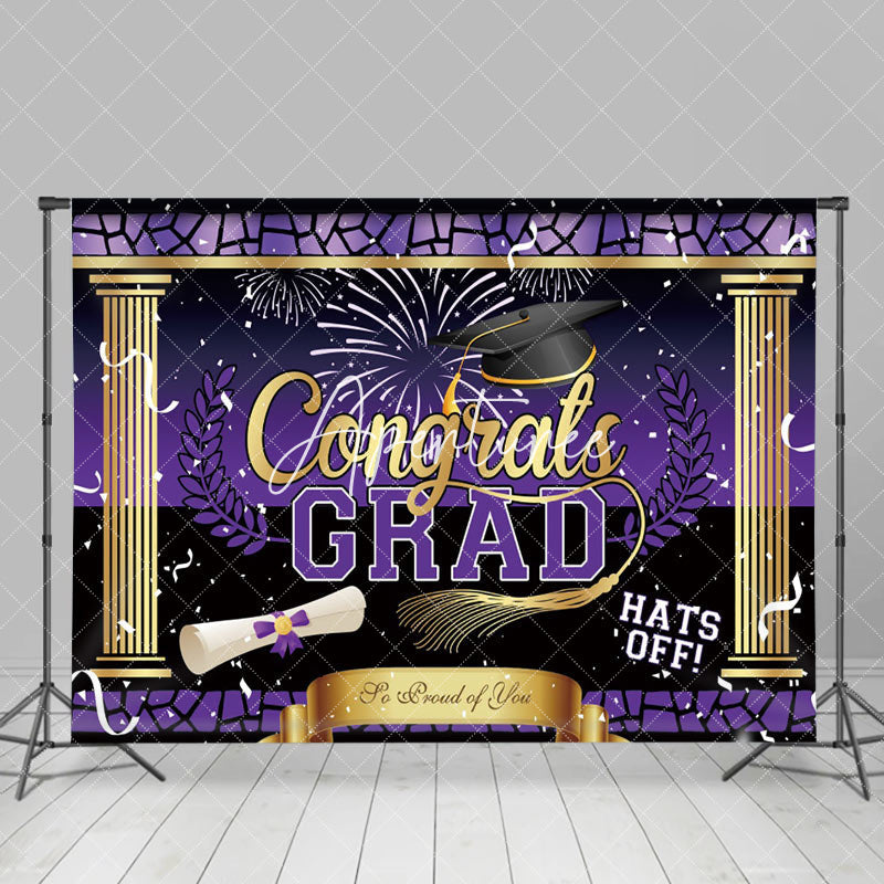 Aperturee - Hats Off Purple Golden Pole Graduation Backdrop