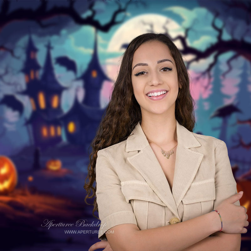 Aperturee - Haunted House Pumpkin Lantern Halloween Backdrop