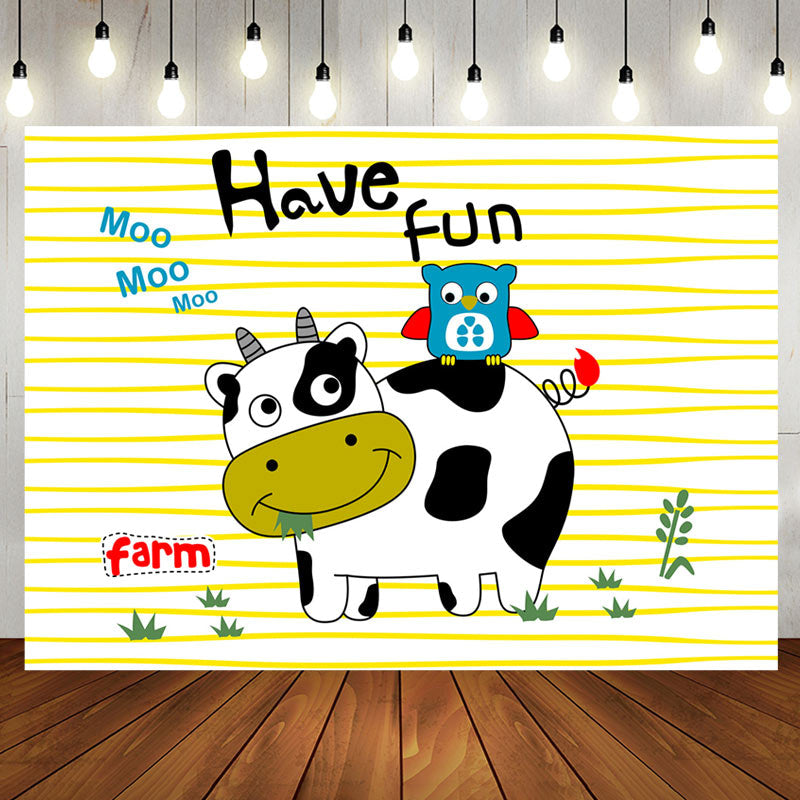 Aperturee - Have Fun Cute Cow Owl Farm Stripe Birthday Backdrop