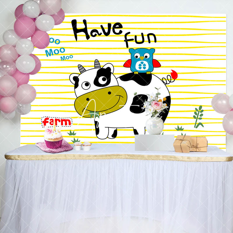 Aperturee - Have Fun Cute Cow Owl Farm Stripe Birthday Backdrop