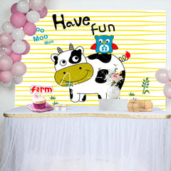 Aperturee - Have Fun Cute Cow Owl Farm Stripe Birthday Backdrop