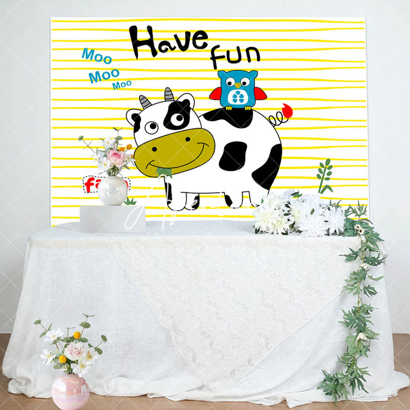 Aperturee - Have Fun Cute Cow Owl Farm Stripe Birthday Backdrop