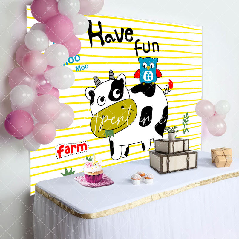 Aperturee - Have Fun Cute Cow Owl Farm Stripe Birthday Backdrop