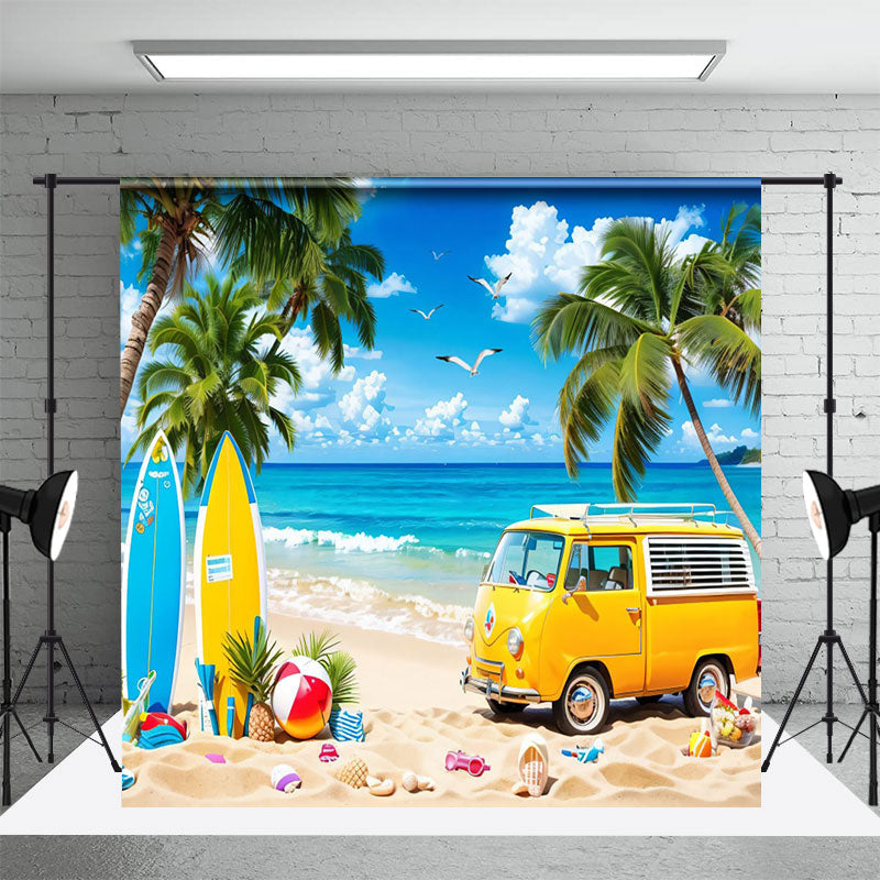 Aperturee - Hawaii Beach Blue Sky Bus Surfboard Summer Backdrop