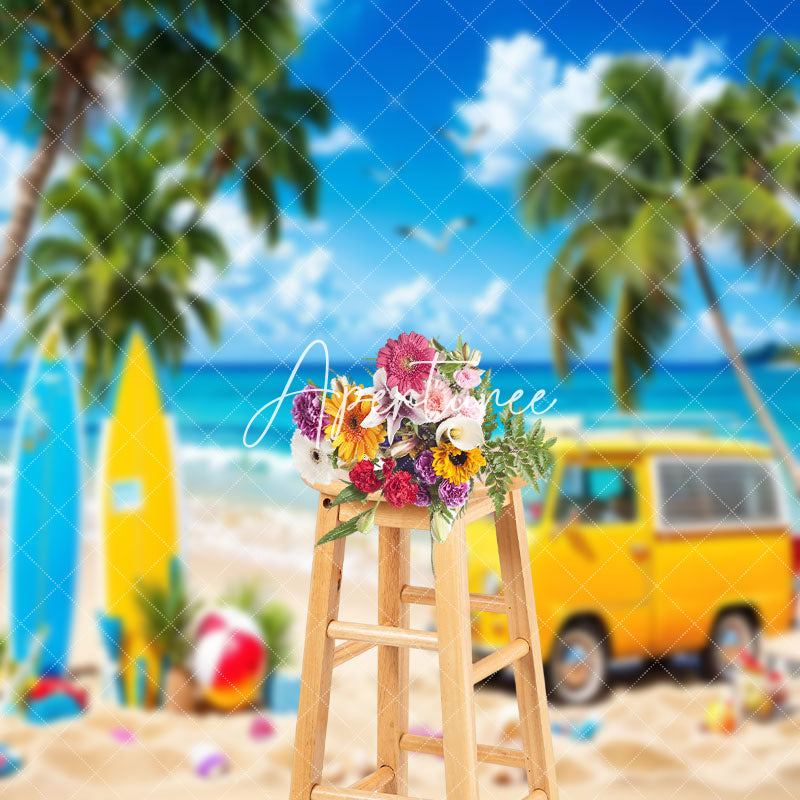 Aperturee - Hawaii Beach Blue Sky Bus Surfboard Summer Backdrop