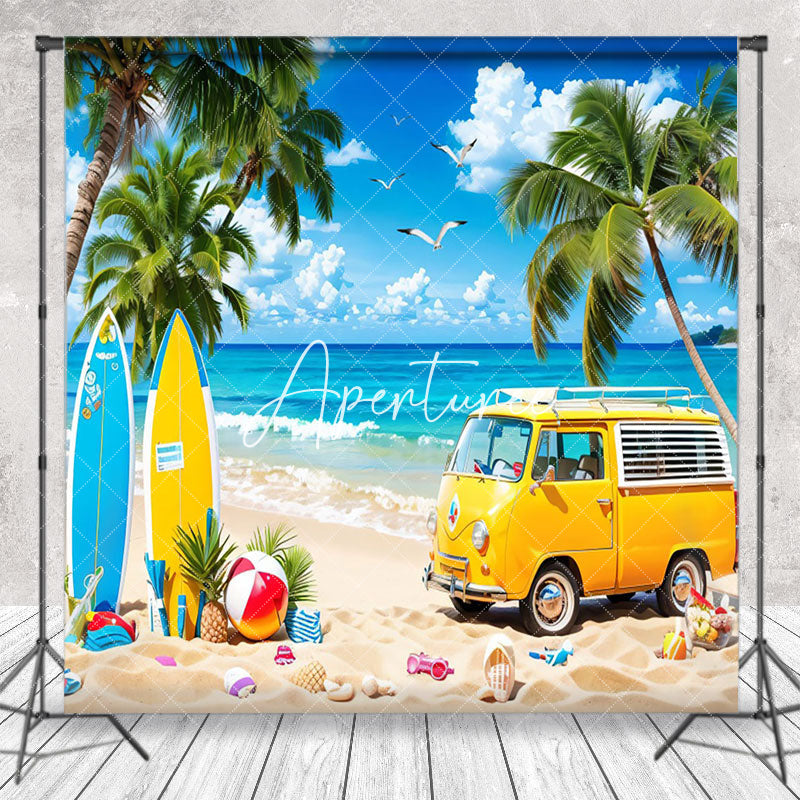 Aperturee - Hawaii Beach Blue Sky Bus Surfboard Summer Backdrop