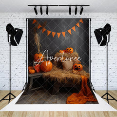 Aperturee - Hay Orange Pumpkins Wooden Floor Halloween Backdrop