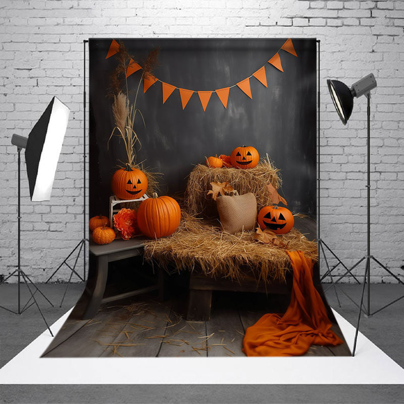 Aperturee - Hay Orange Pumpkins Wooden Floor Halloween Backdrop