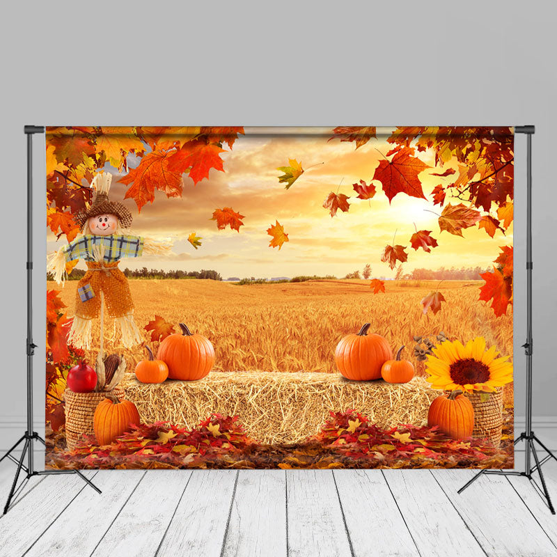 Aperturee - Haymow Scarecrow Red Maples Gold Rye Autumn Backdrop
