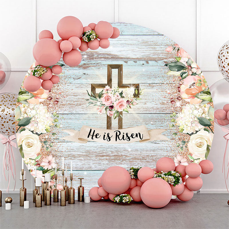 Aperturee He Is Resen Floral Wooden Circle Easter Backdrop