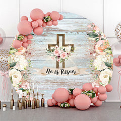 Aperturee He Is Resen Floral Wooden Circle Easter Backdrop