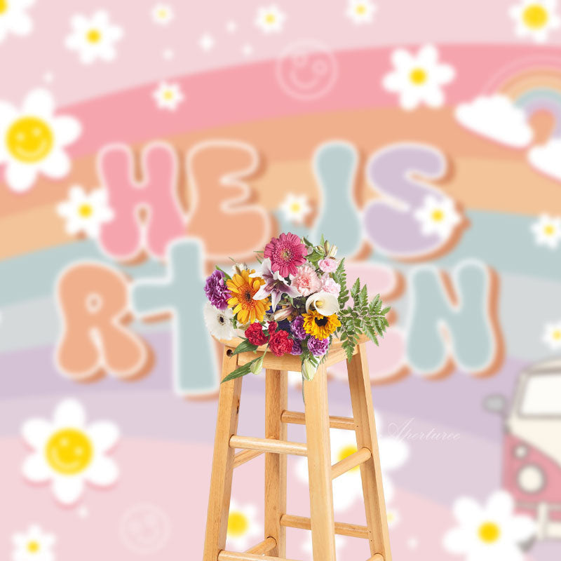 Aperturee - He Is Risen Groovy Rainbow Flower Easter Backdrop