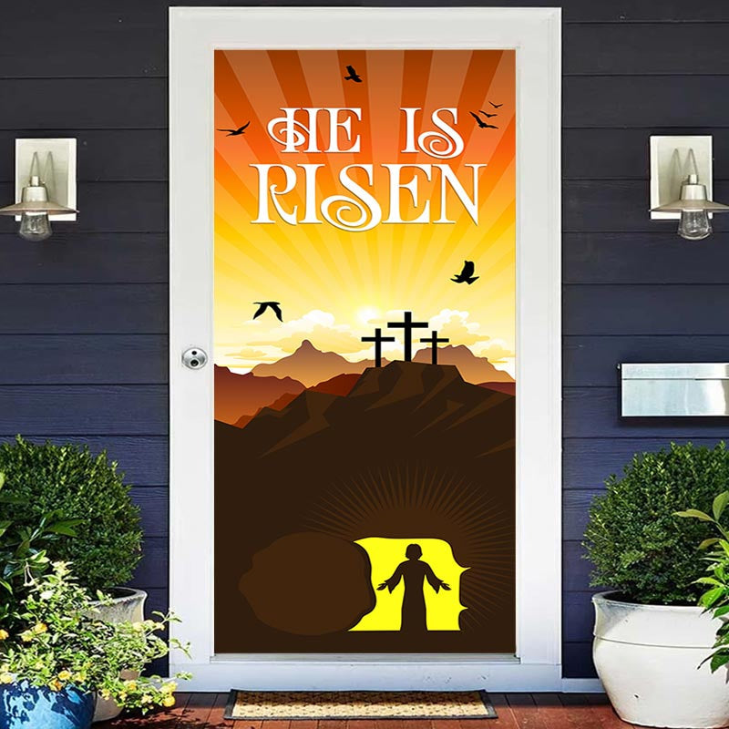 Aperturee - He Is Risen Jesus Sunset Mountain Easter Door Cover