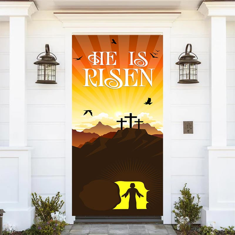 Aperturee - He Is Risen Jesus Sunset Mountain Easter Door Cover