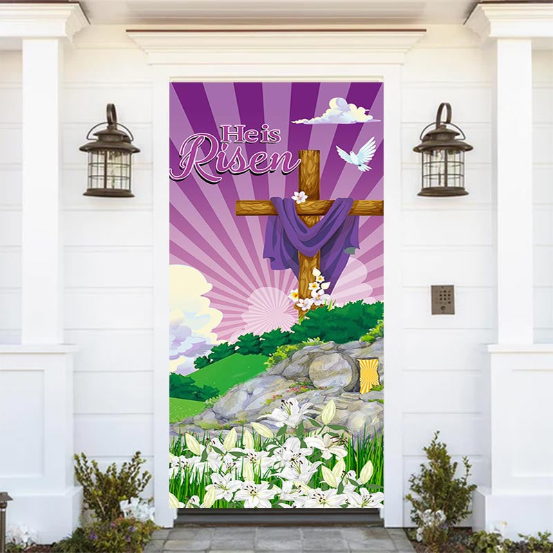 Aperturee - He Is Risen Lily Purple Sky Cross Easter Door Cover