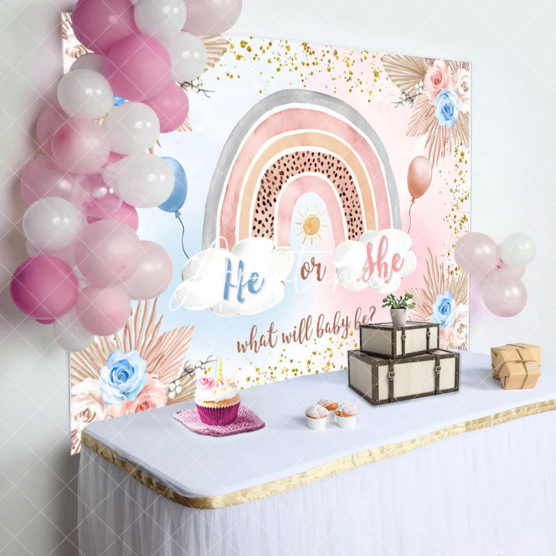 Aperturee - He Or She Floral Rainbow Boho Gender Reveal Backdrop