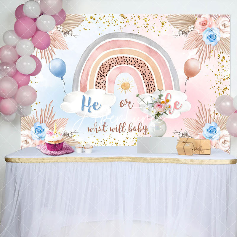 Aperturee - He Or She Floral Rainbow Boho Gender Reveal Backdrop