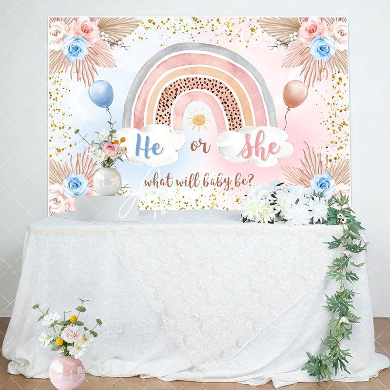 Aperturee - He Or She Floral Rainbow Boho Gender Reveal Backdrop