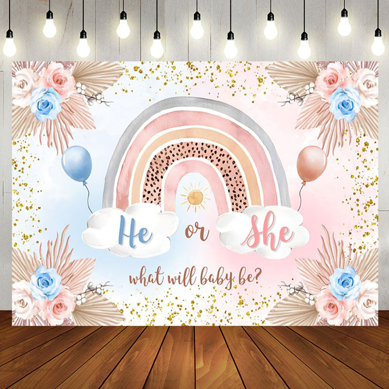 Aperturee - He Or She Floral Rainbow Boho Gender Reveal Backdrop