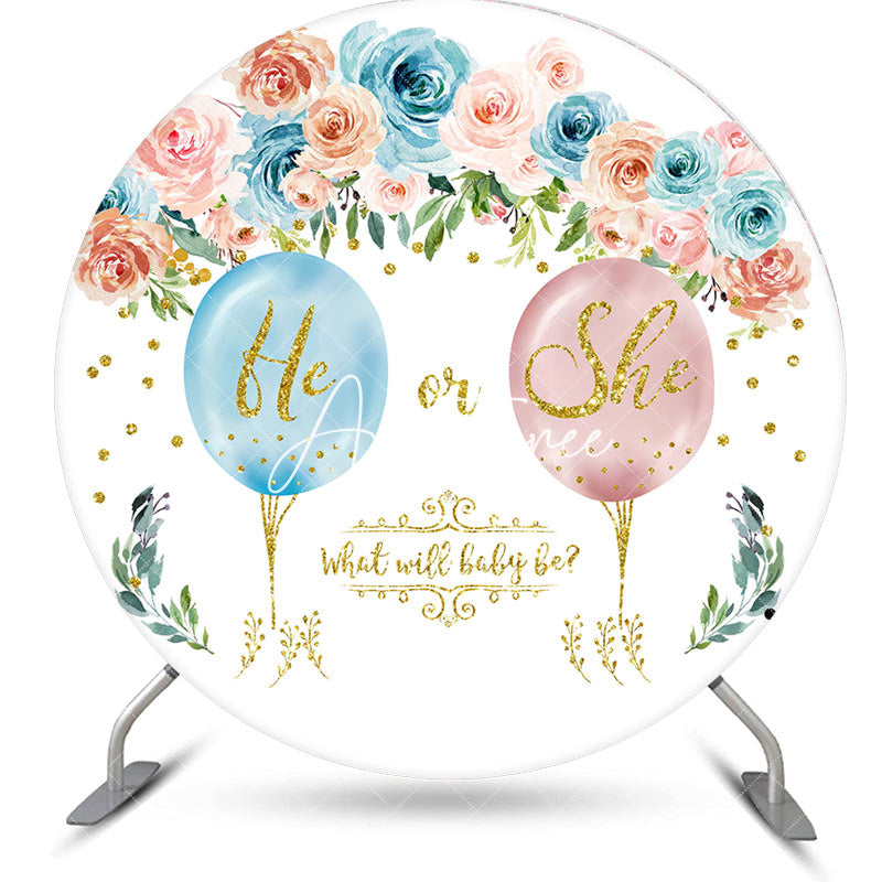 Aperturee - He Or She Floral White Round Gender Reveal Backdrop