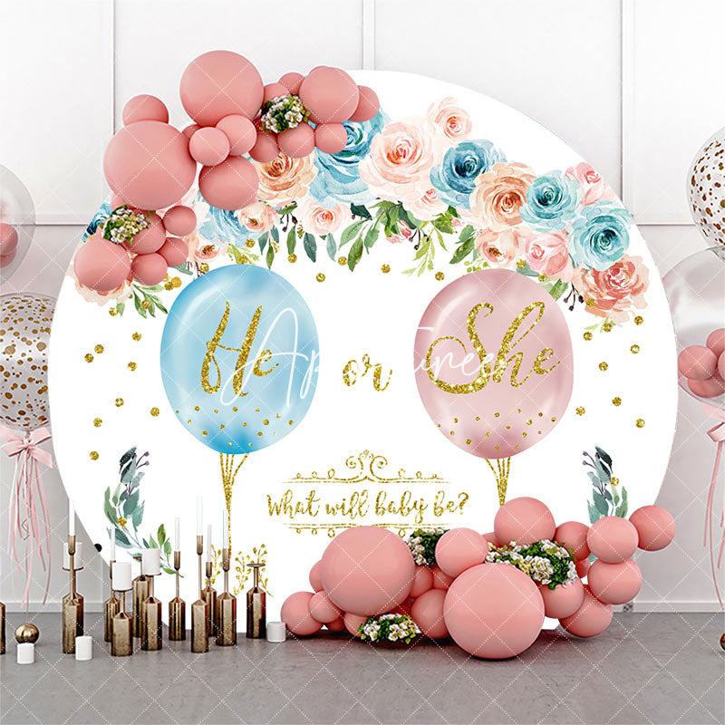 Aperturee - He Or She Floral White Round Gender Reveal Backdrop